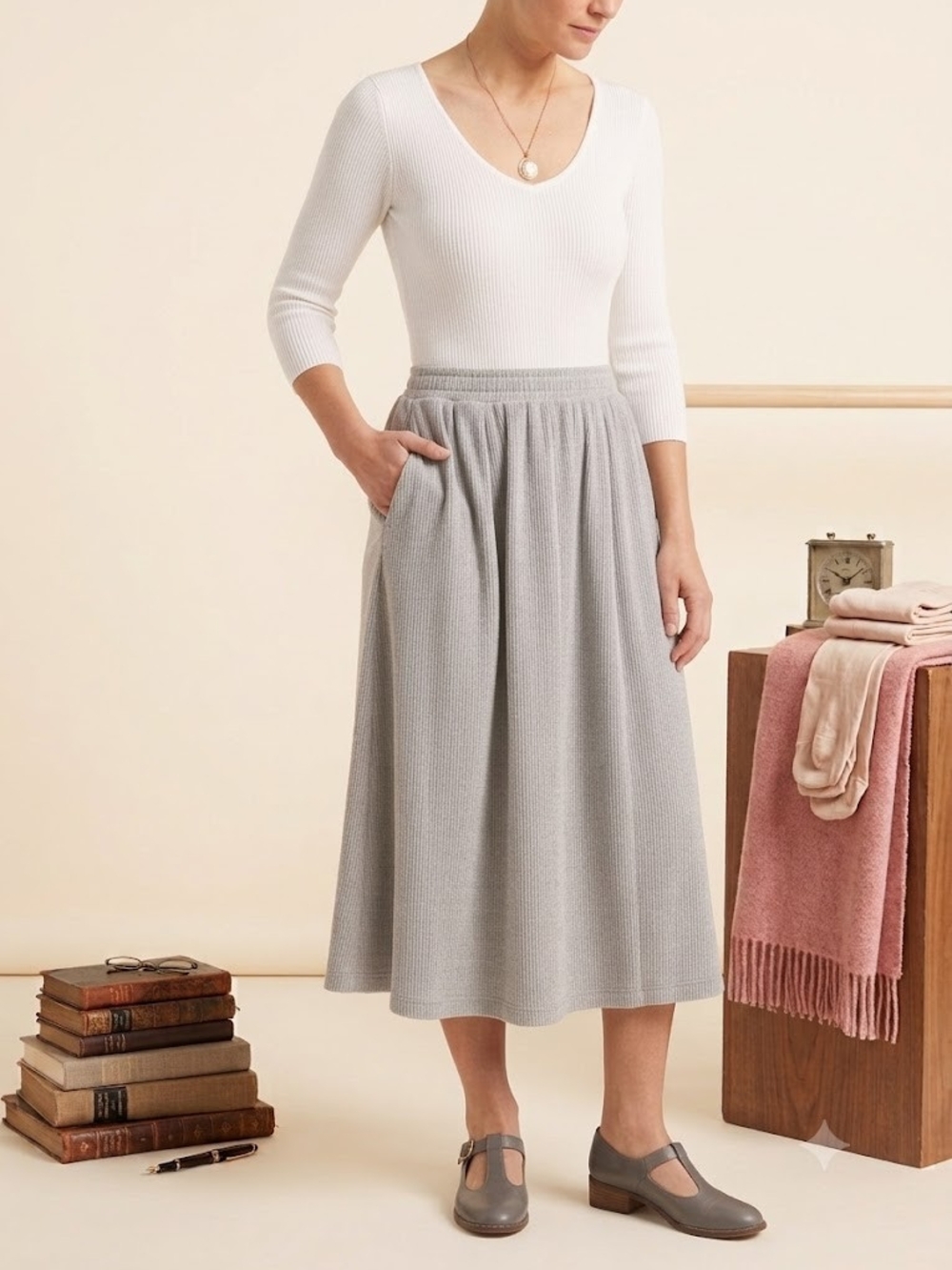 Jane & Delancey Gray Ribbed Midi Skirt M Light Academia Cozy Balletcore